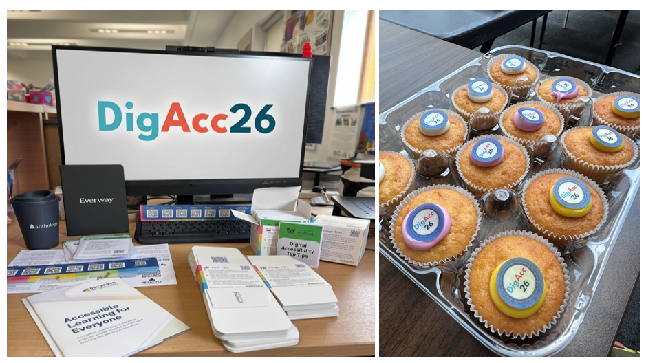 A range of goodies: accessibility booklets, cubes, notebook and cup in front of a monitor saying DigAcc26. Cupcakes with DigAcc26 toppers on icing.