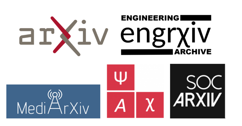 Preprint repository logos: arXiv, engrXiv, MediArXiv, PsyArXiv and SocArXiv