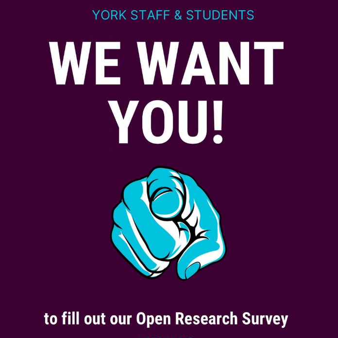 Open Research Survey graphic aimed at York staff and students with image of large pointing hand and 'We want you! text'