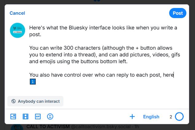 Screenshot of a Bluesky post in edit mode. The post reads "Here's what the Bluesky interface looks like when you write a post. You can write 300 characters (although the + button allows you to extend that into a thred), and can add pictures, videos, gifs and emojis using the buttons bottom left. You can also have control over who can reply to each post. 