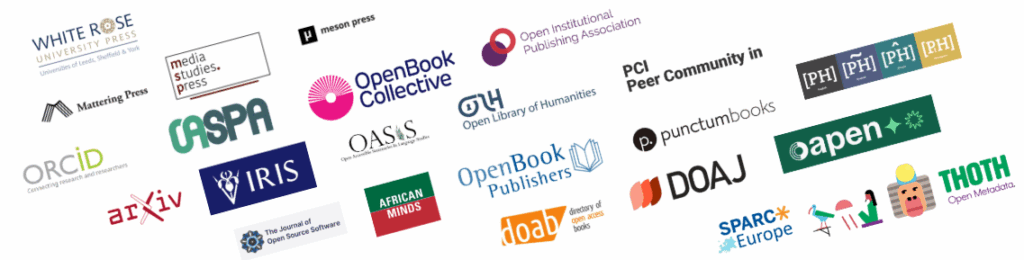 Montage of logos belonging to open research organisations and publishers we support