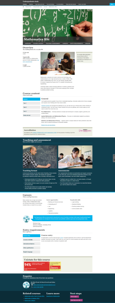 A screenshot of the course page for BSc Mathematics, as it looked in 2014