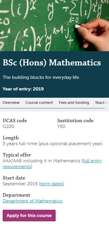 A screenshot of the course page for BSc Mathematics as it appears on mobile