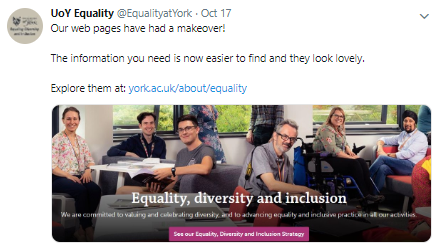 Tweet from Equality at York announcing their new webpages with a screenshot of the top page.