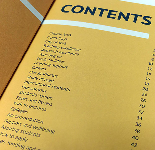"Accommodation" appears much further down the list than "Our campus" on the 2020 prospectus contents page.