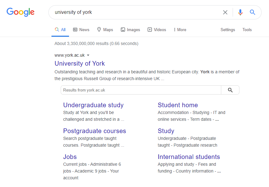 Screenshot of a search engine results page after searching the term 'University of York'