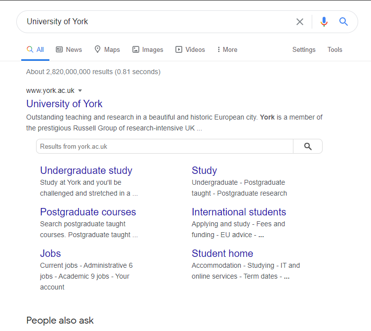 Screenshot of a search engine results page after searching the term 'University of York'