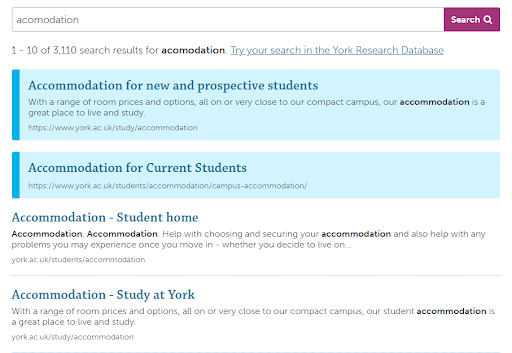 Screenshot of search results for a misspelling of accommodation. 
