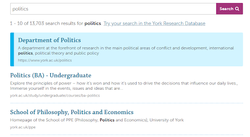 Screenshot of a promoted result appearing when a search for politics is entered into york.ac.uk site search.