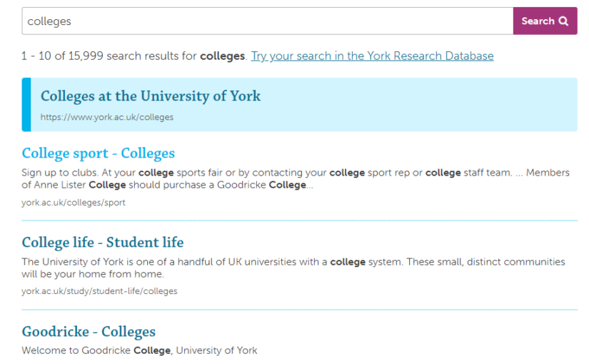 'Colleges' search result page, University of York website