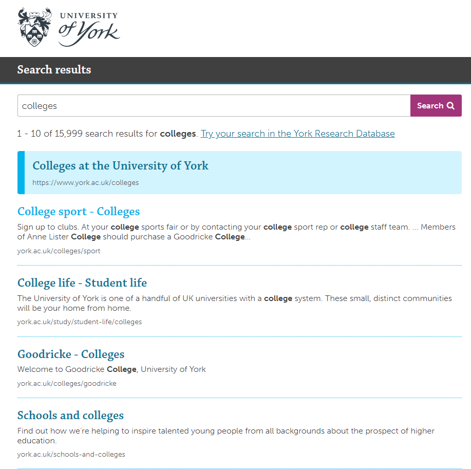 'Colleges' search result page, University of York website