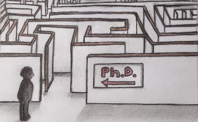 A figure entering a maze with a 'PhD' sign at the entrance