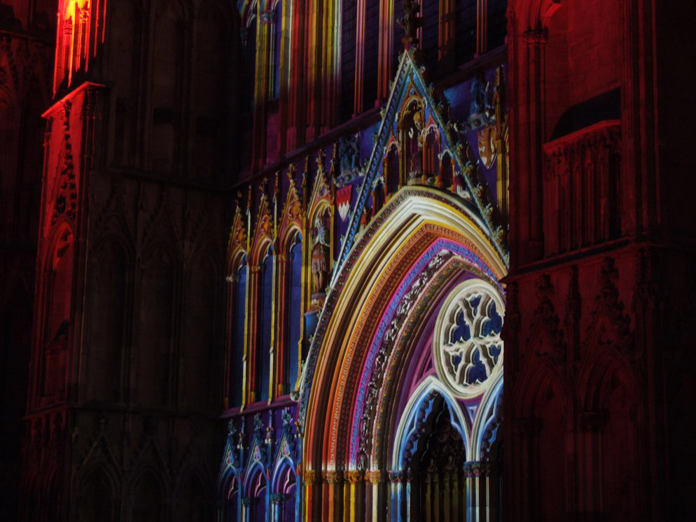 York Minster illuminated by colourful lights